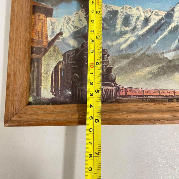 Cute Vintage Wood Framed Train Locomotive On Tracks Mountains Print Art - HLBN - Picture 3 of 4